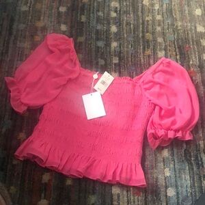NWT WAYF Hot Pink Ruched Ruffled Puff Sleeve Cropped Top